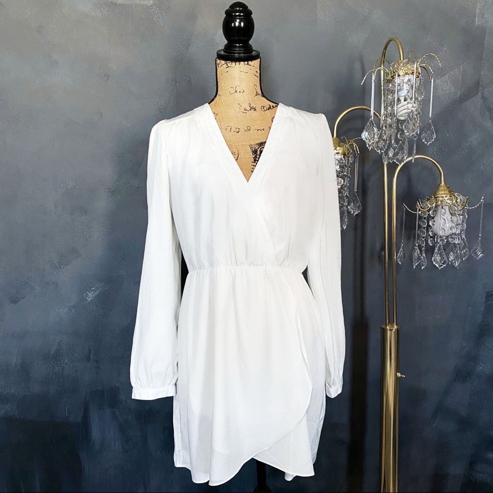 White Faux Wrap Mini Dress with Long Sleeves